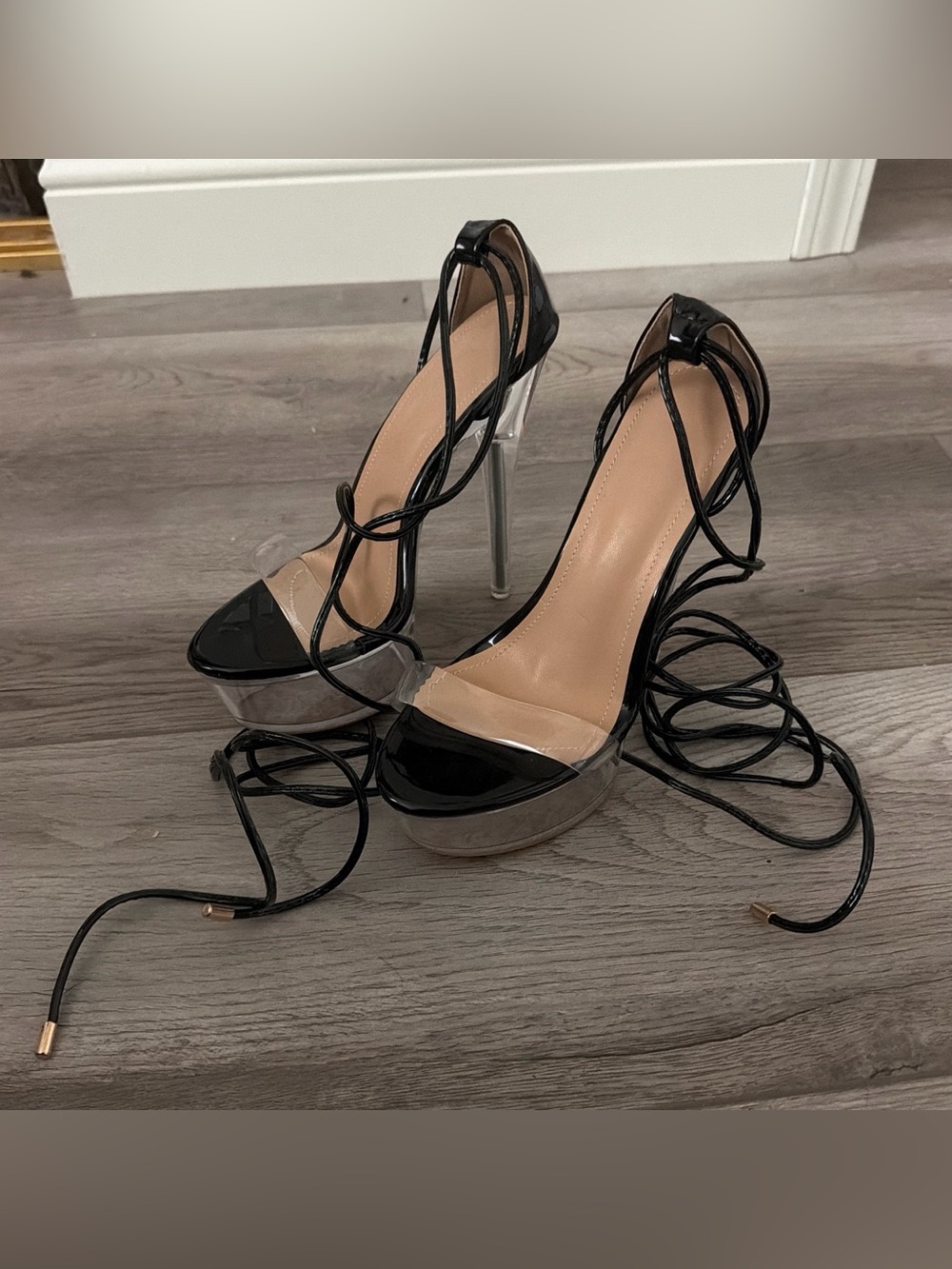 Lace-Up Clear Platform Stiletto Heels in Black
